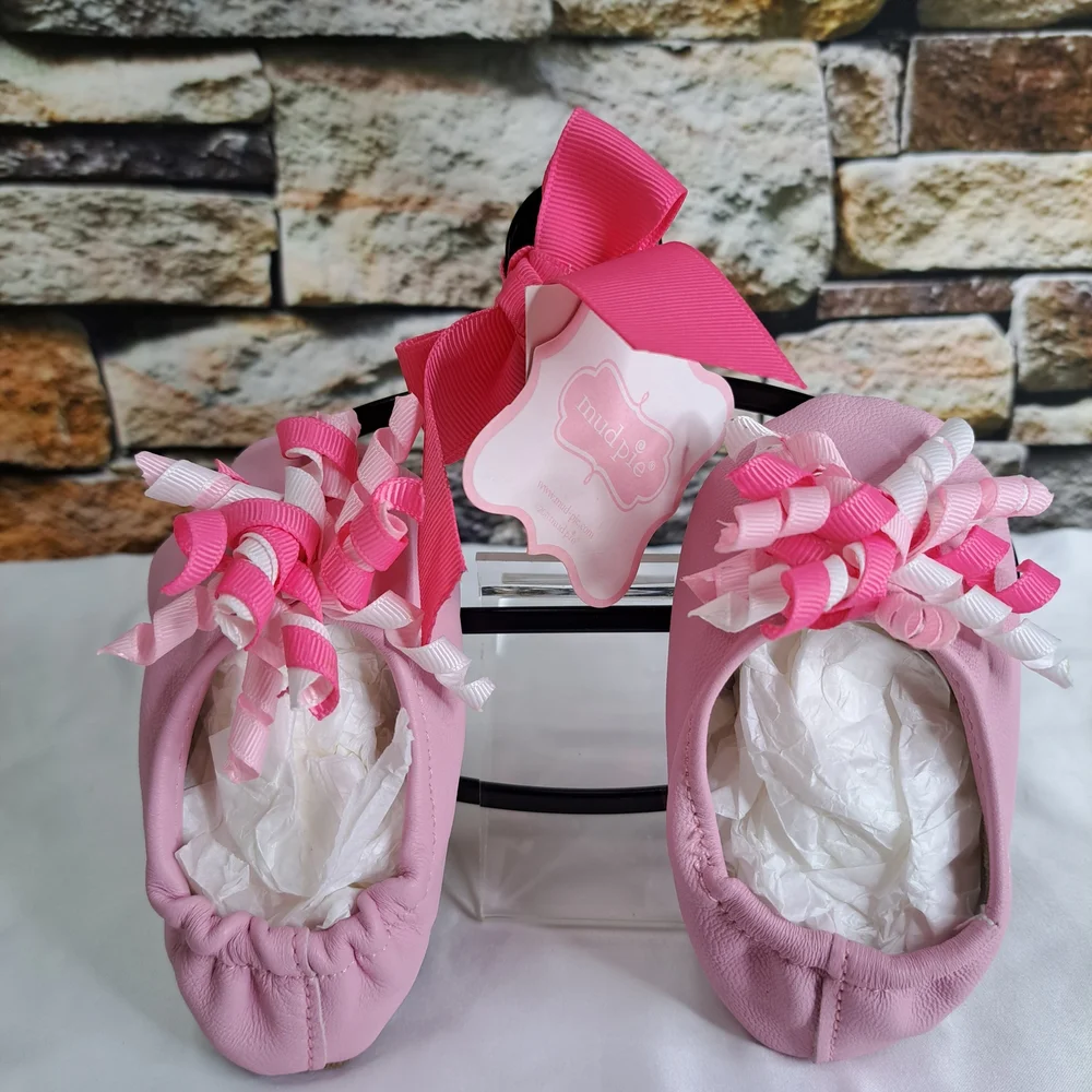 'MUD PIE' LEATHER SLIP-ON SHOES BABY GIFT SET CURLY GROSGRAIN ACC. ROUND TOE